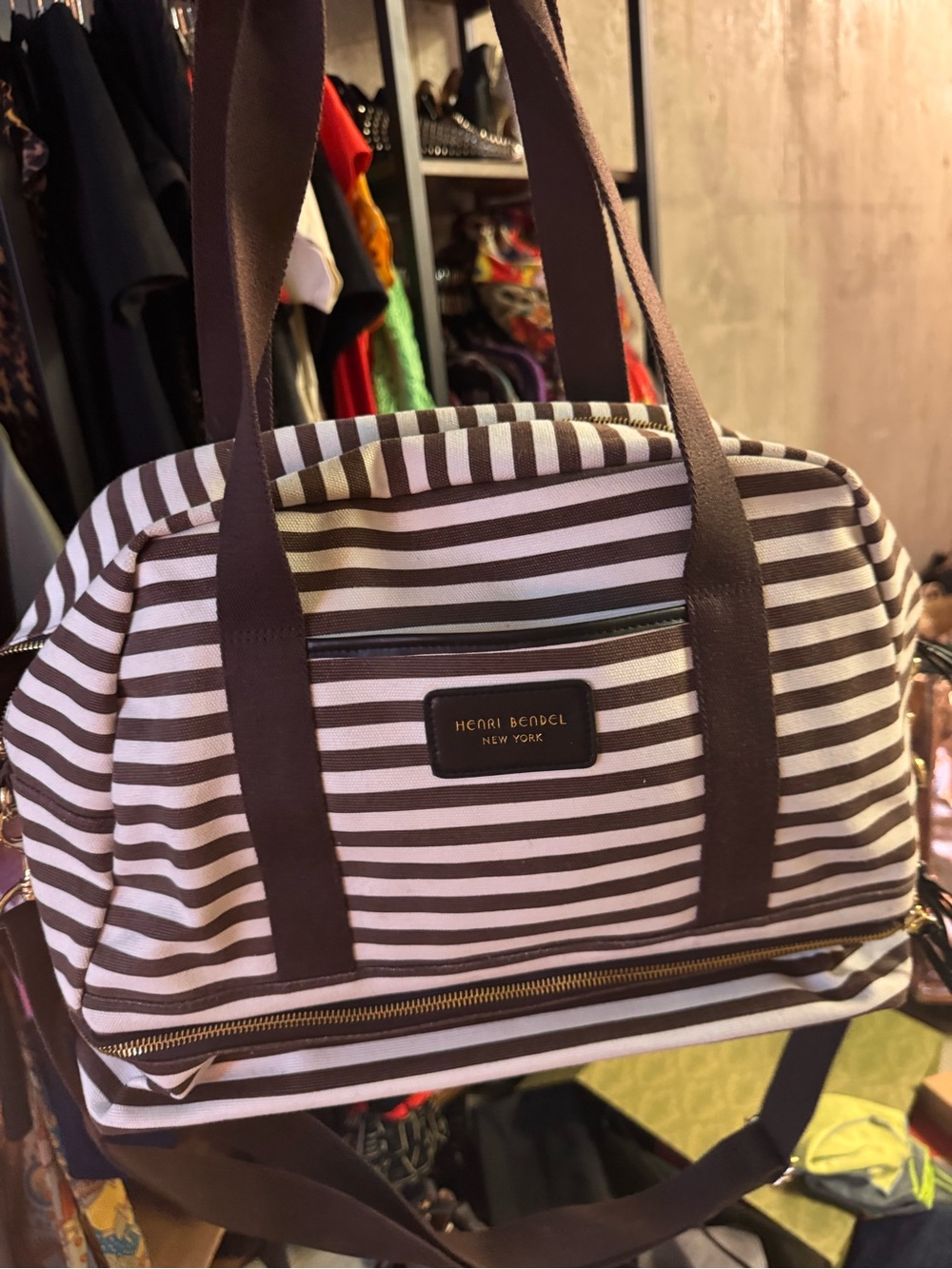 Henri Bendel Brown & White Striped Weekender NWT